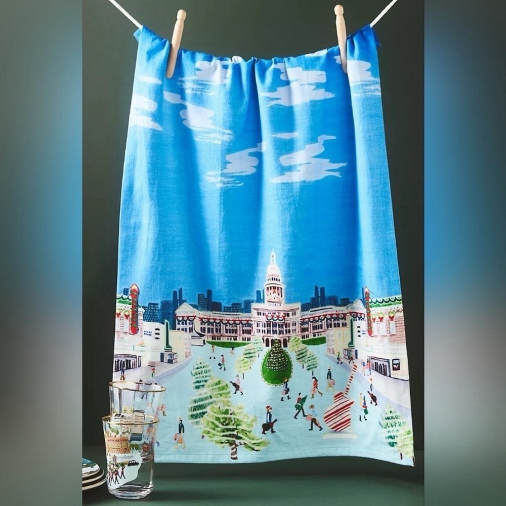 Anthropologie Holiday the City Dish Towel Austin Texas New With Tags